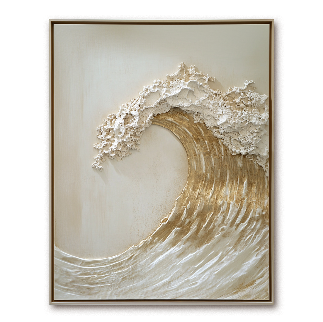 Golden textured ocean wave wall art with raised foam and sculpted details.