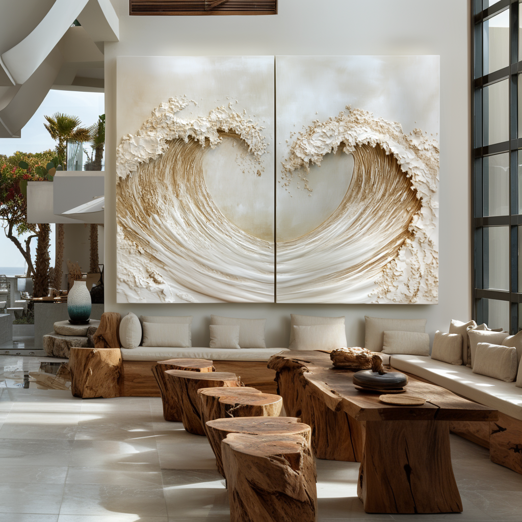 Luxury textured ocean diptych wall art with two golden waves facing each other.