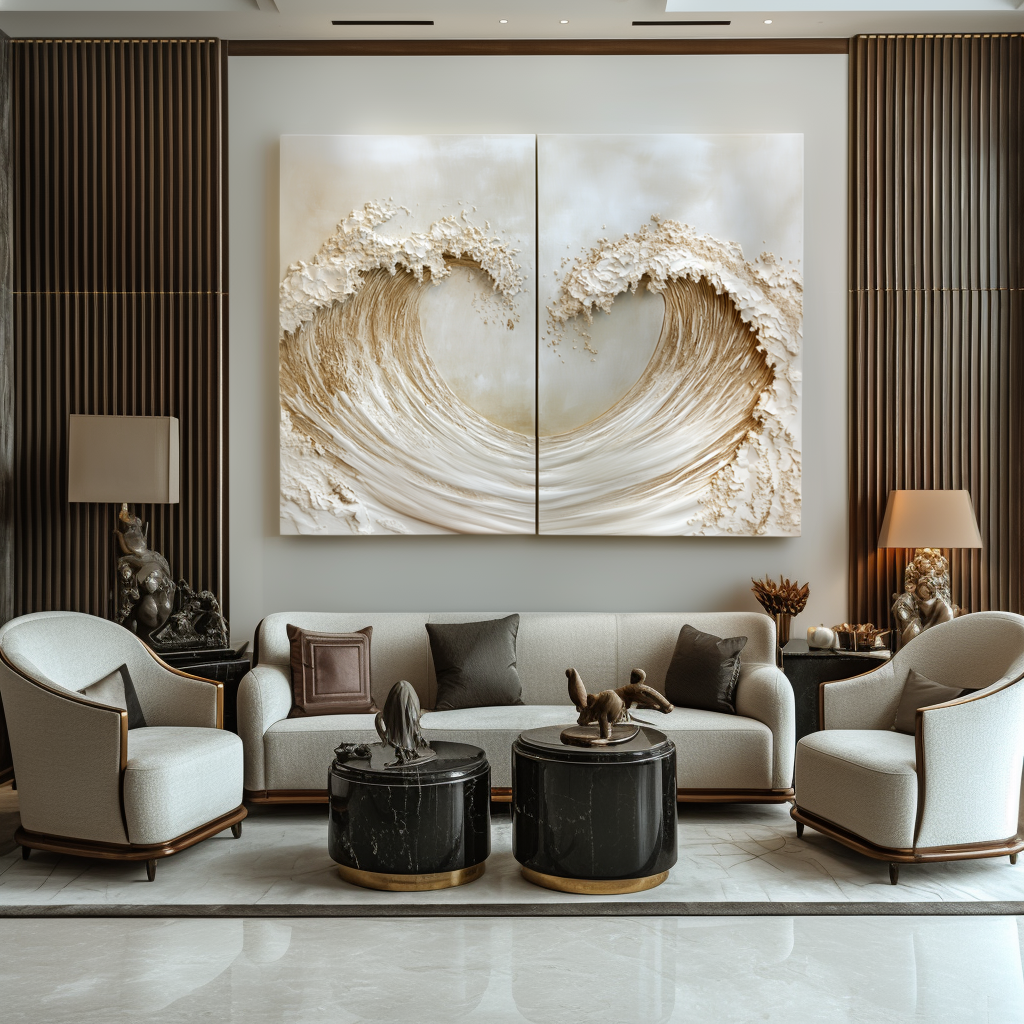Luxury textured ocean diptych wall art with two golden waves facing each other.