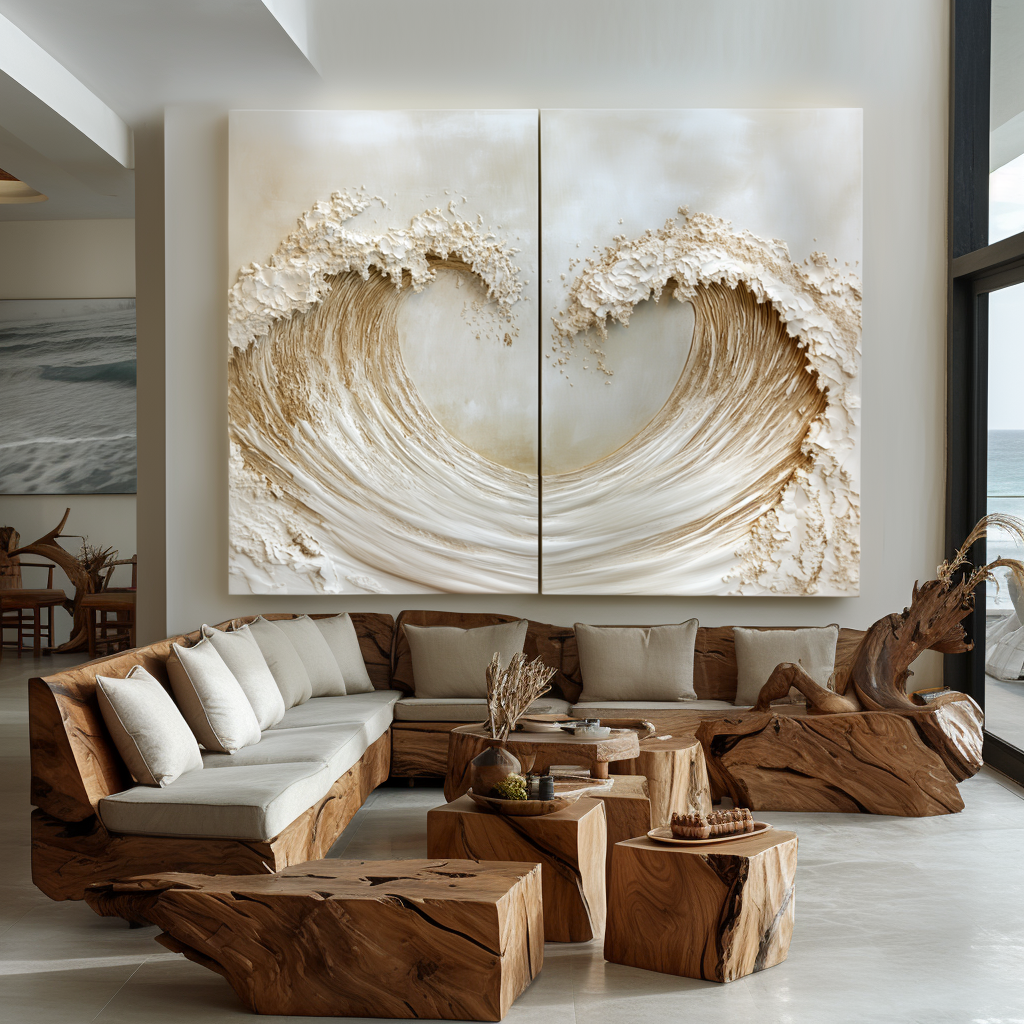 Luxury textured ocean diptych wall art with two golden waves facing each other.