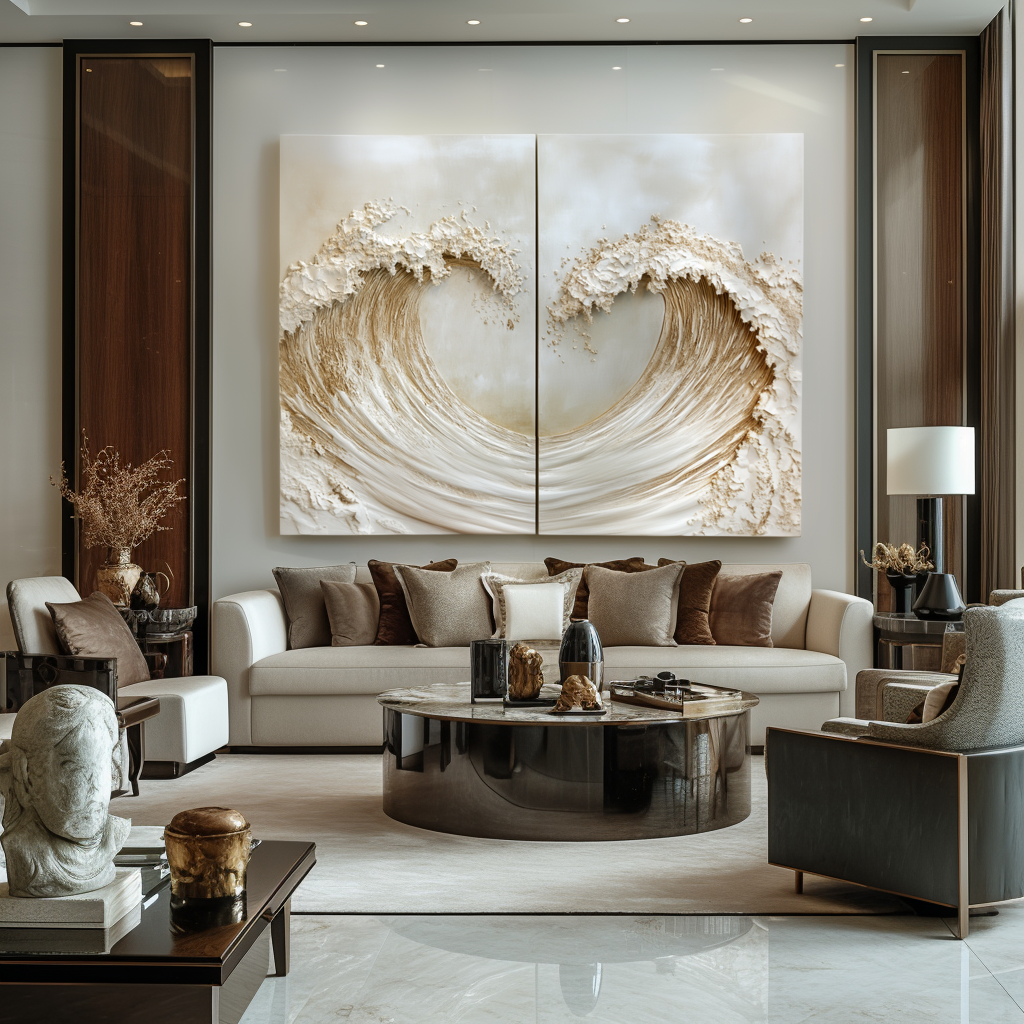 Luxury textured ocean diptych wall art with two golden waves facing each other.