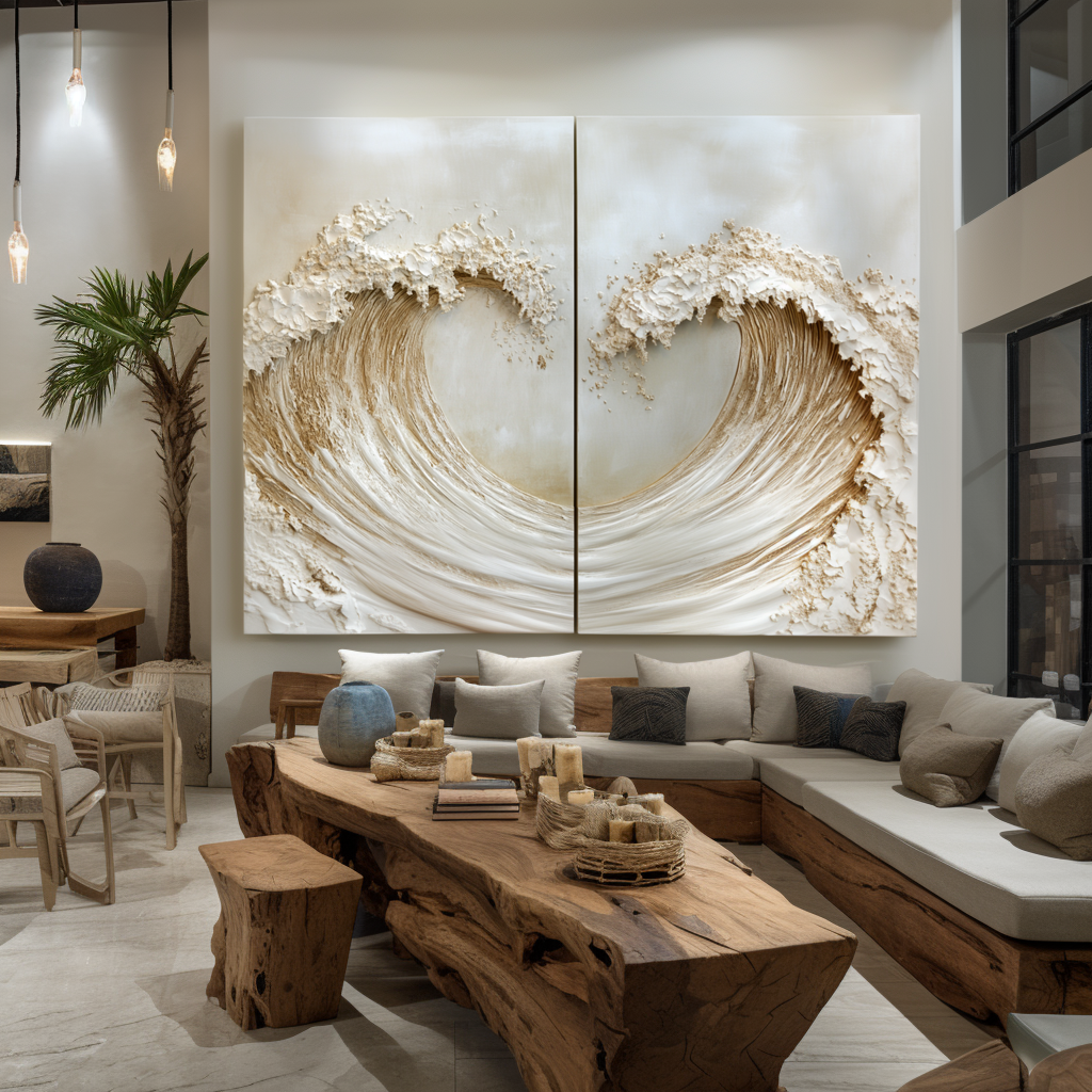 Luxury textured ocean diptych wall art with two golden waves facing each other.