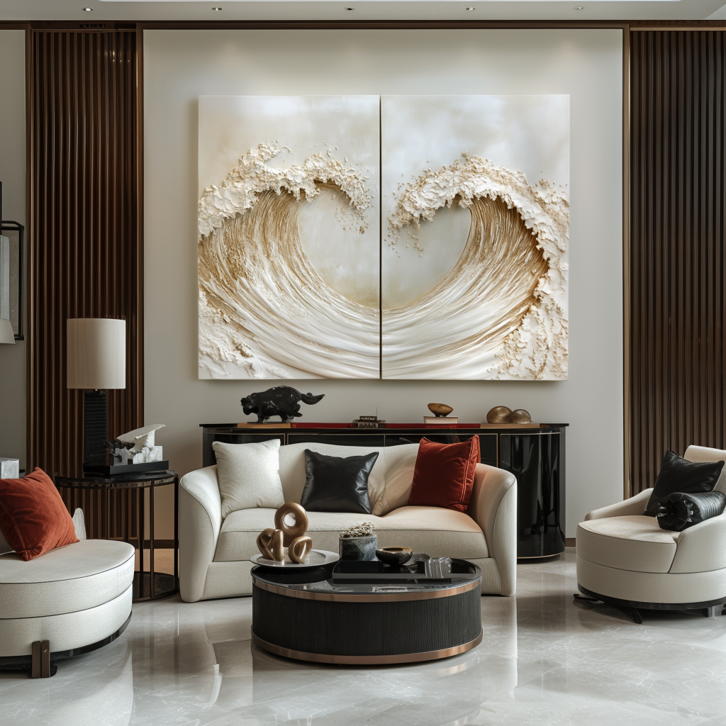 Luxury textured ocean diptych wall art with two golden waves facing each other.