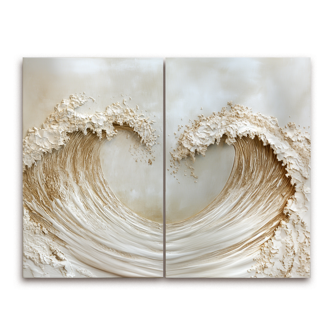 Luxury textured ocean diptych wall art with two golden waves facing each other.
