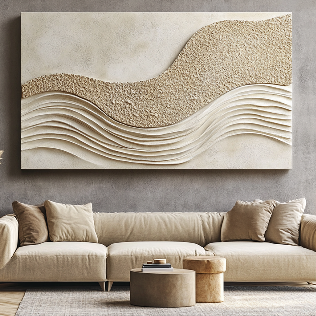 Beige textured wall art with sand-like surface and flowing wave relief design