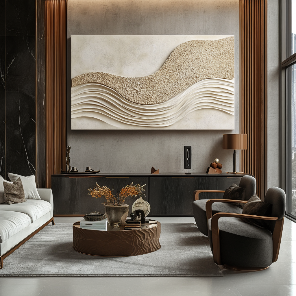 Beige textured wall art with sand-like surface and flowing wave relief design
