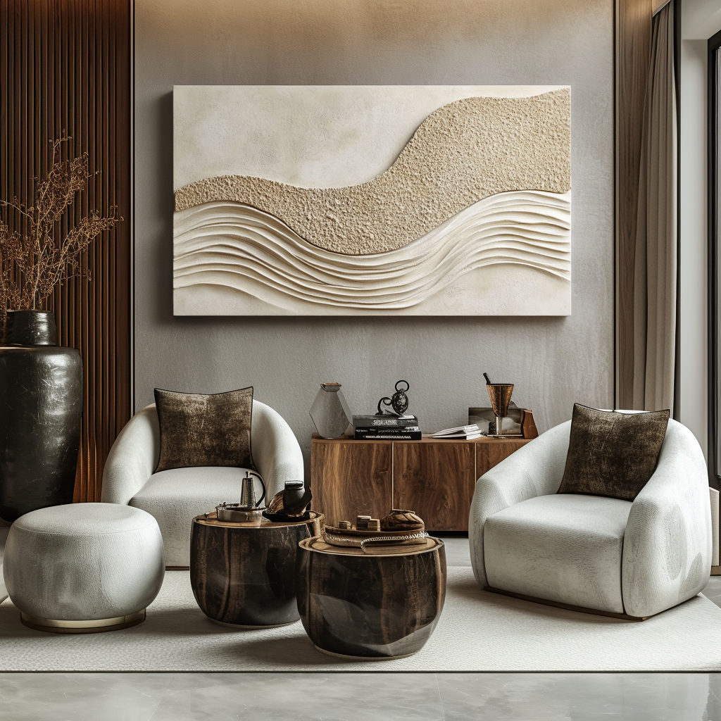 Beige textured wall art with sand-like surface and flowing wave relief design