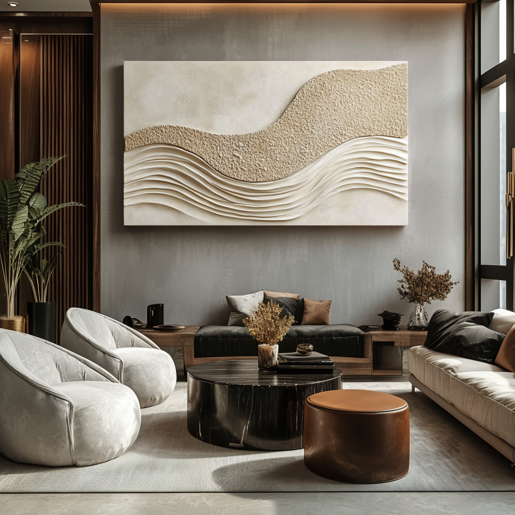 Beige textured wall art with sand-like surface and flowing wave relief design