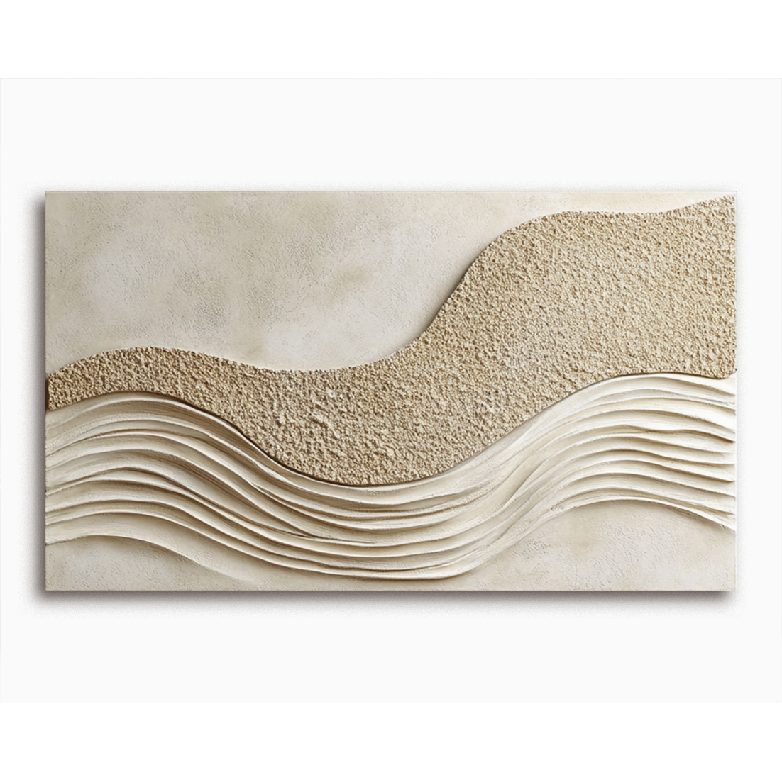 Beige textured wall art with sand-like surface and flowing wave relief design