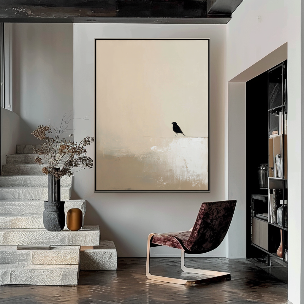 Minimalist oil painting of a black bird perched on a line with a soft beige background
