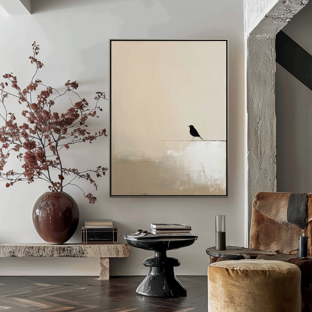 Minimalist oil painting of a black bird perched on a line with a soft beige background