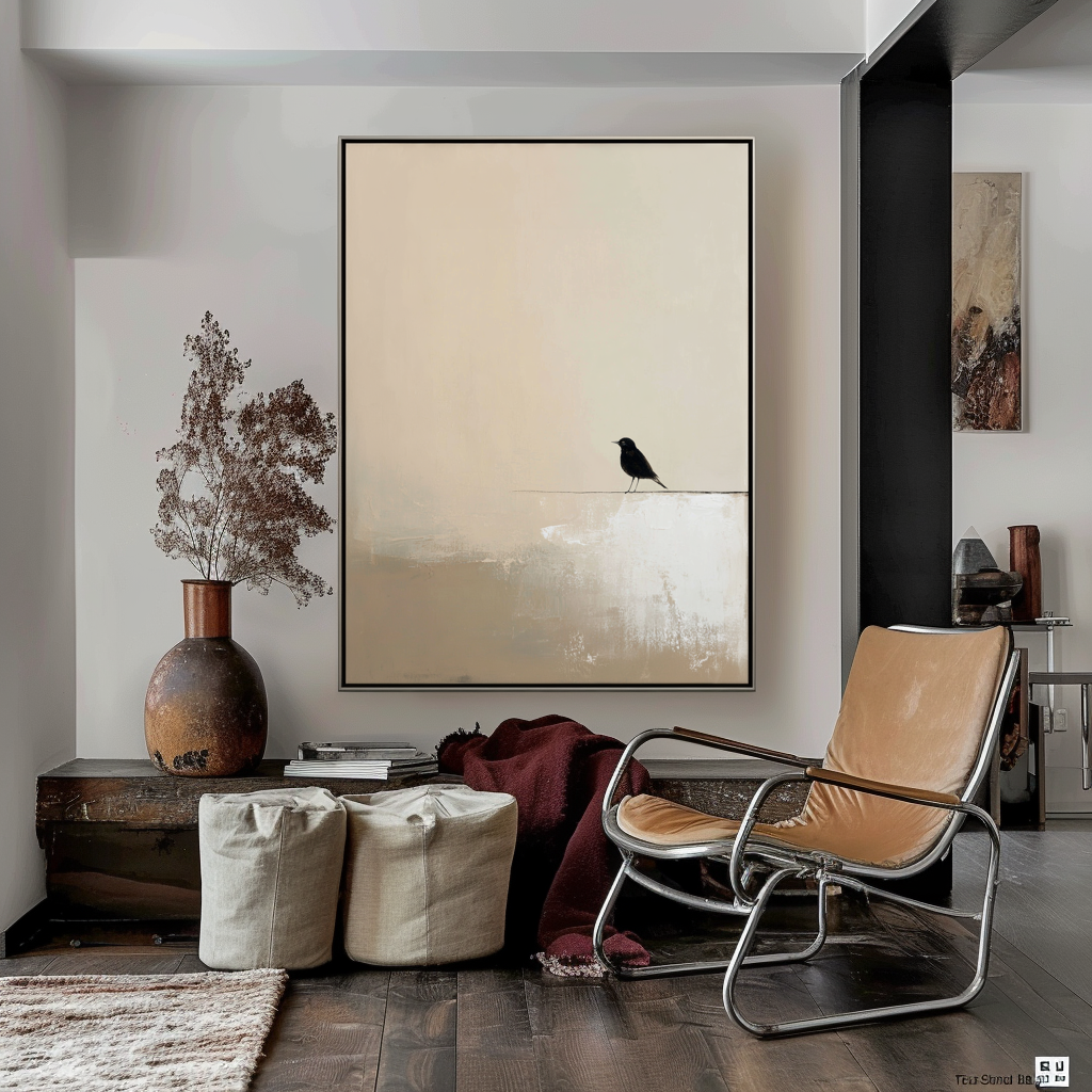 Minimalist oil painting of a black bird perched on a line with a soft beige background