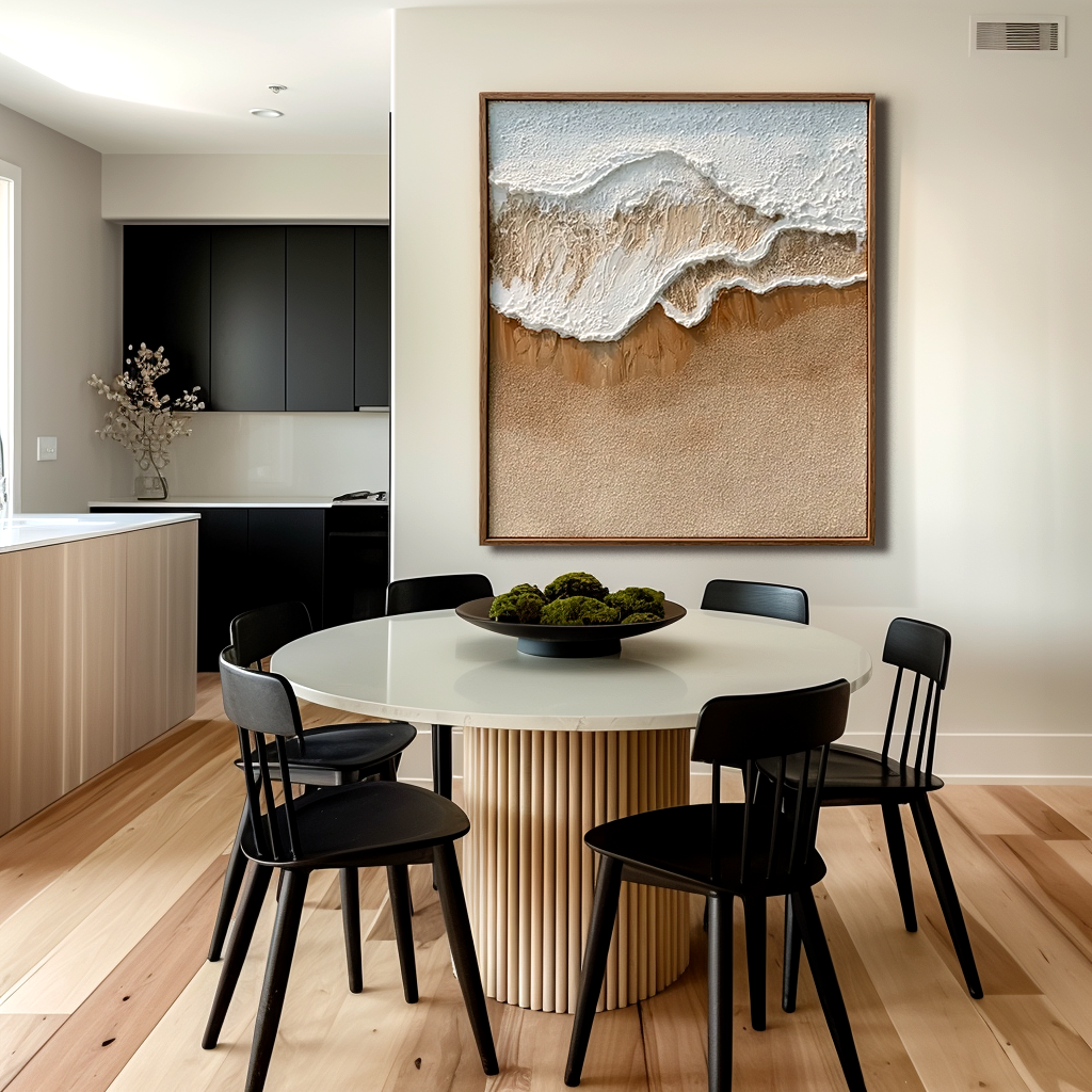 Textured coastal ocean wave and sandy beach abstract wall art