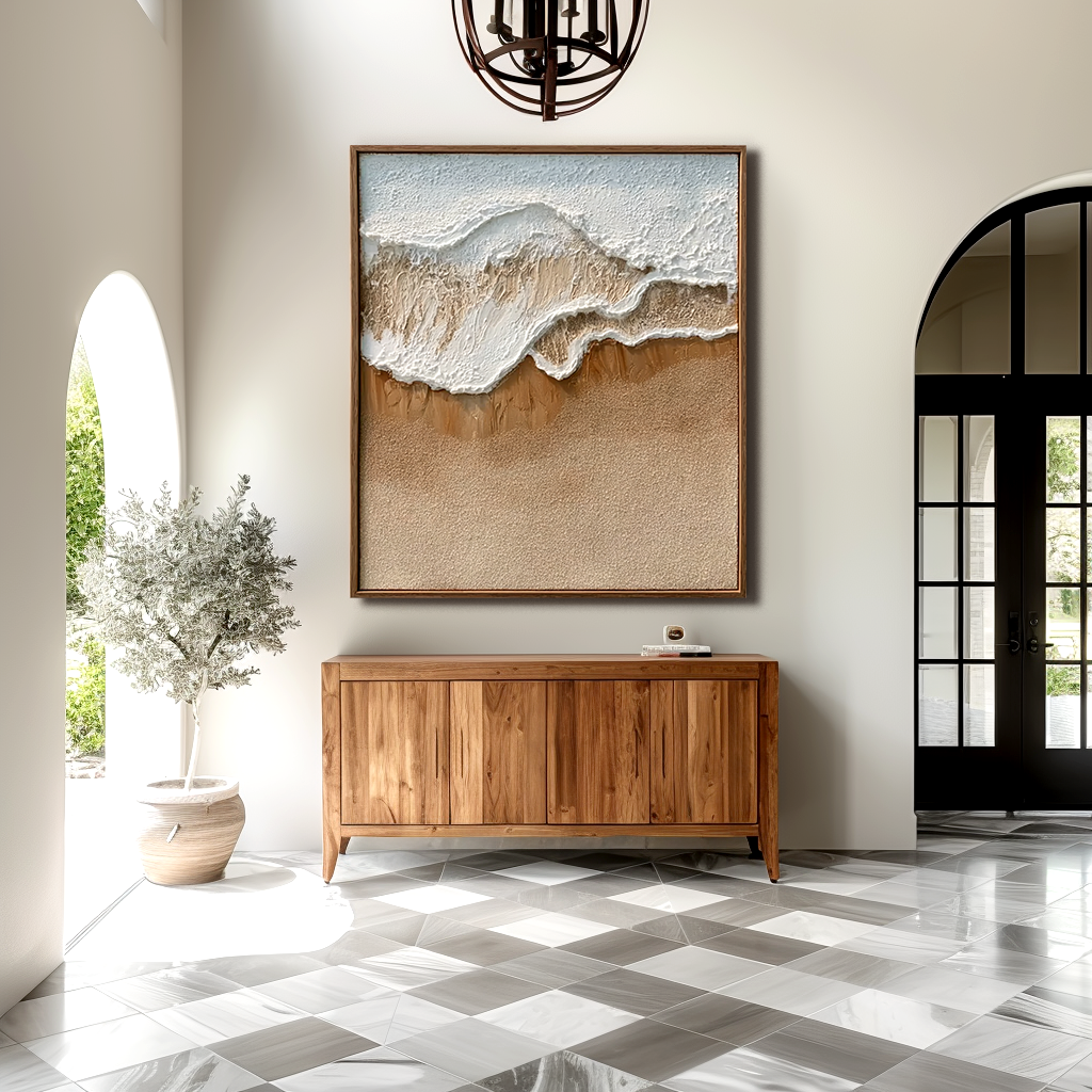 Textured coastal ocean wave and sandy beach abstract wall art