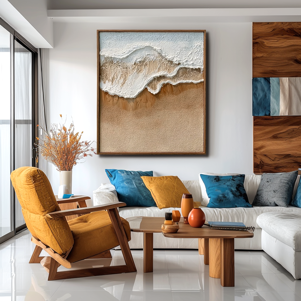Textured coastal ocean wave and sandy beach abstract wall art