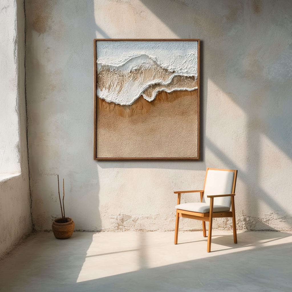 Textured coastal ocean wave and sandy beach abstract wall art