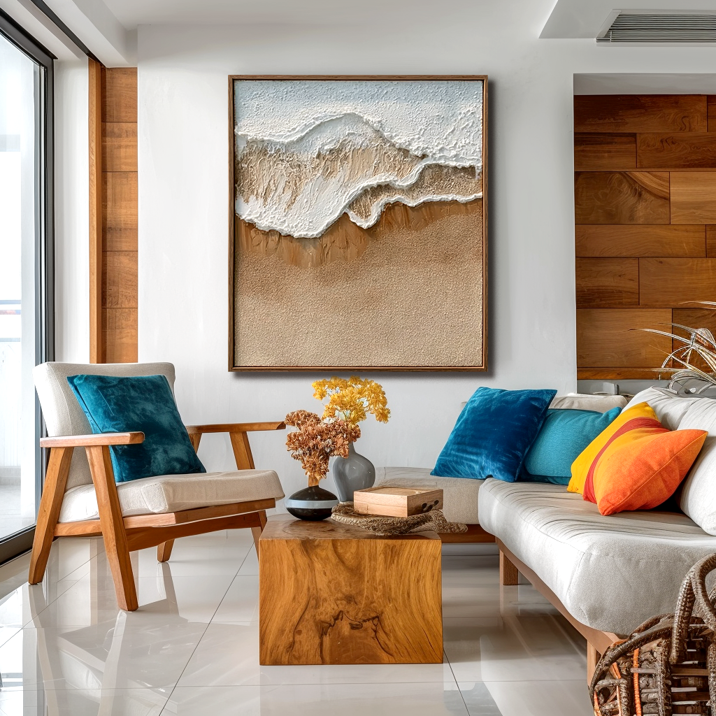 Textured coastal ocean wave and sandy beach abstract wall art