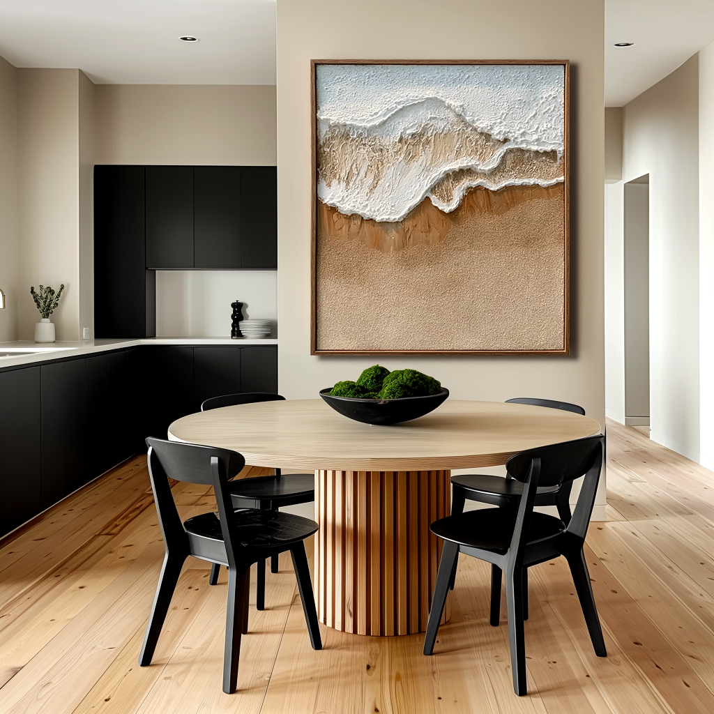 Textured coastal ocean wave and sandy beach abstract wall art