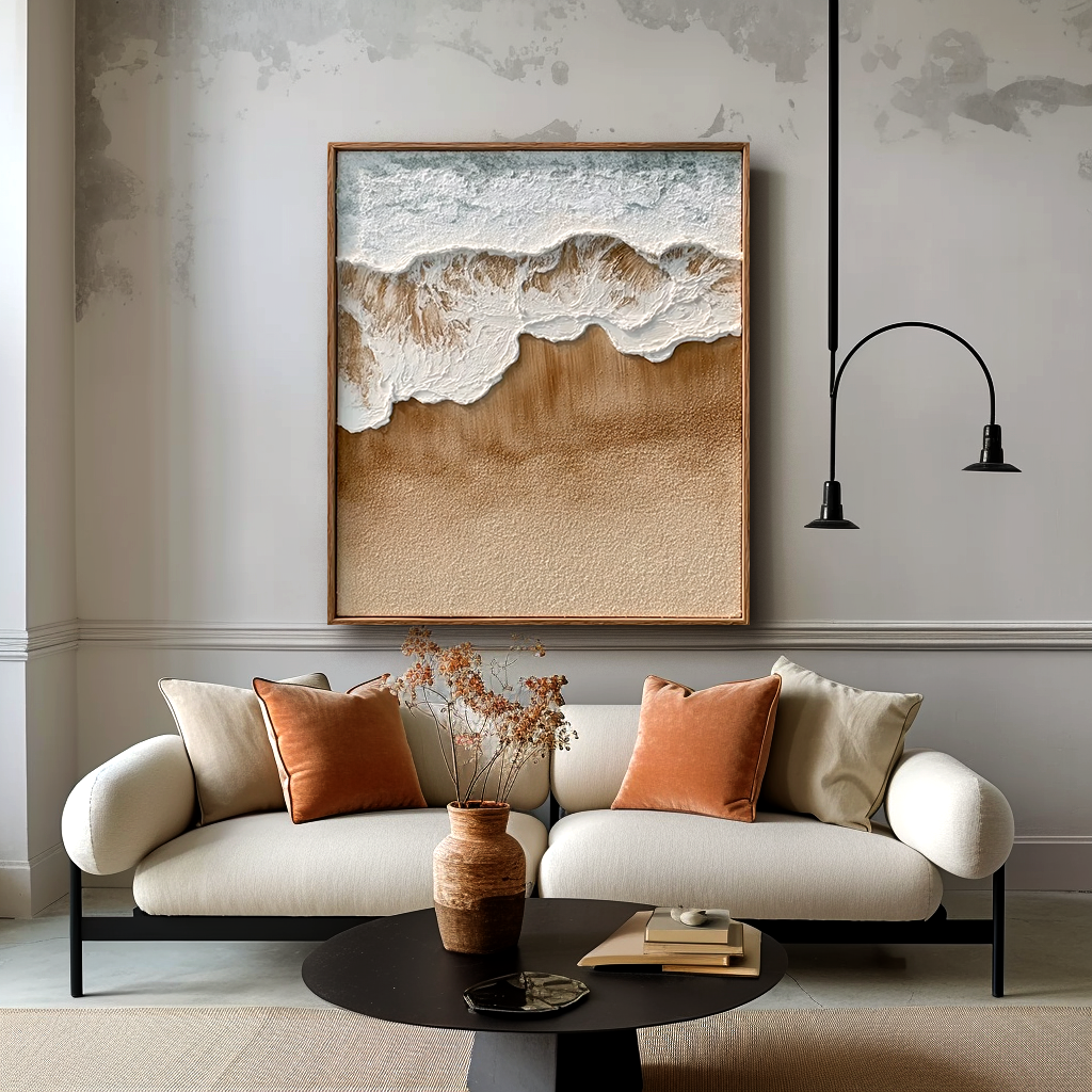 Textured ocean wave and sand beach coastal abstract wall art