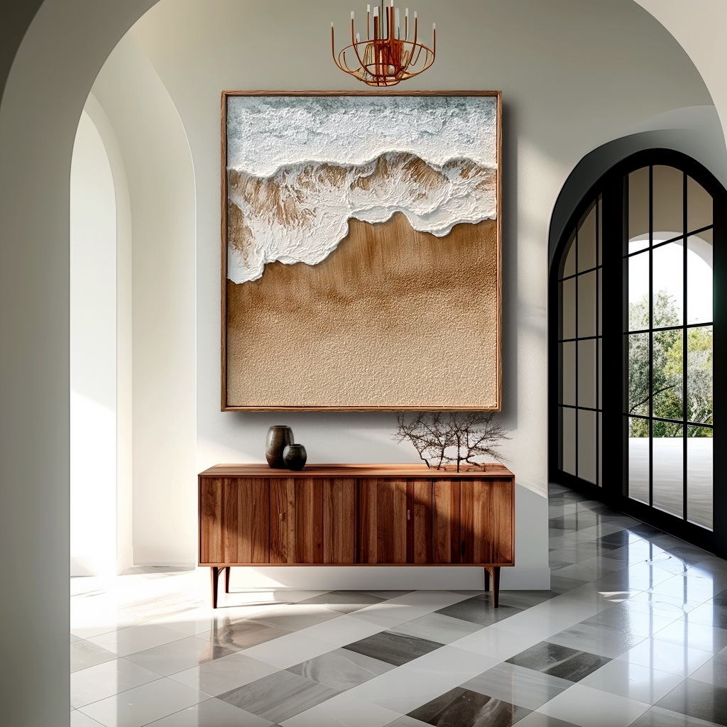 Textured ocean wave and sand beach coastal abstract wall art