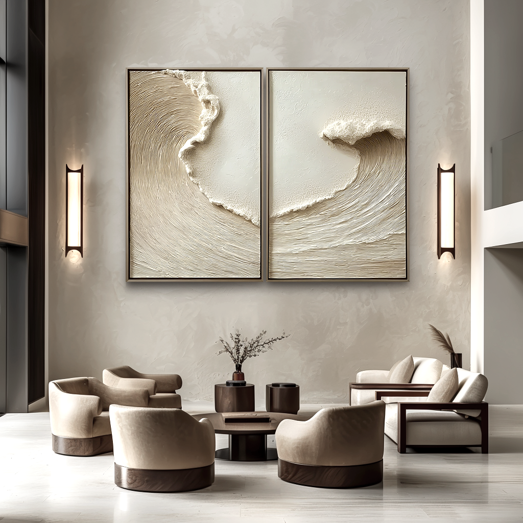 Beige textured ocean wave diptych wall art with minimal coastal design