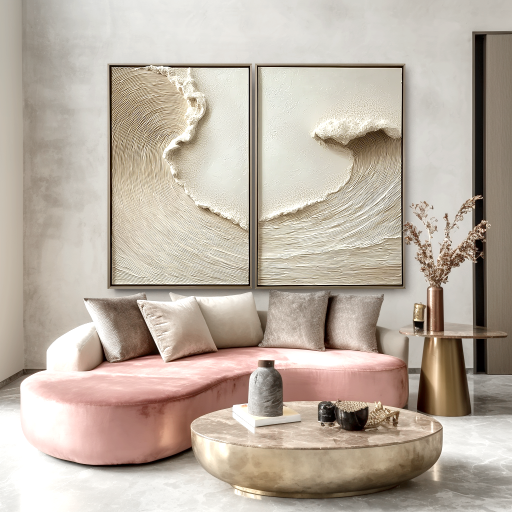 Beige textured ocean wave diptych wall art with minimal coastal design