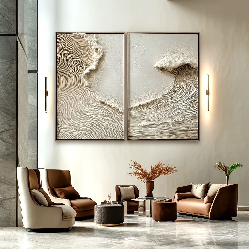 Beige textured ocean wave diptych wall art with minimal coastal design