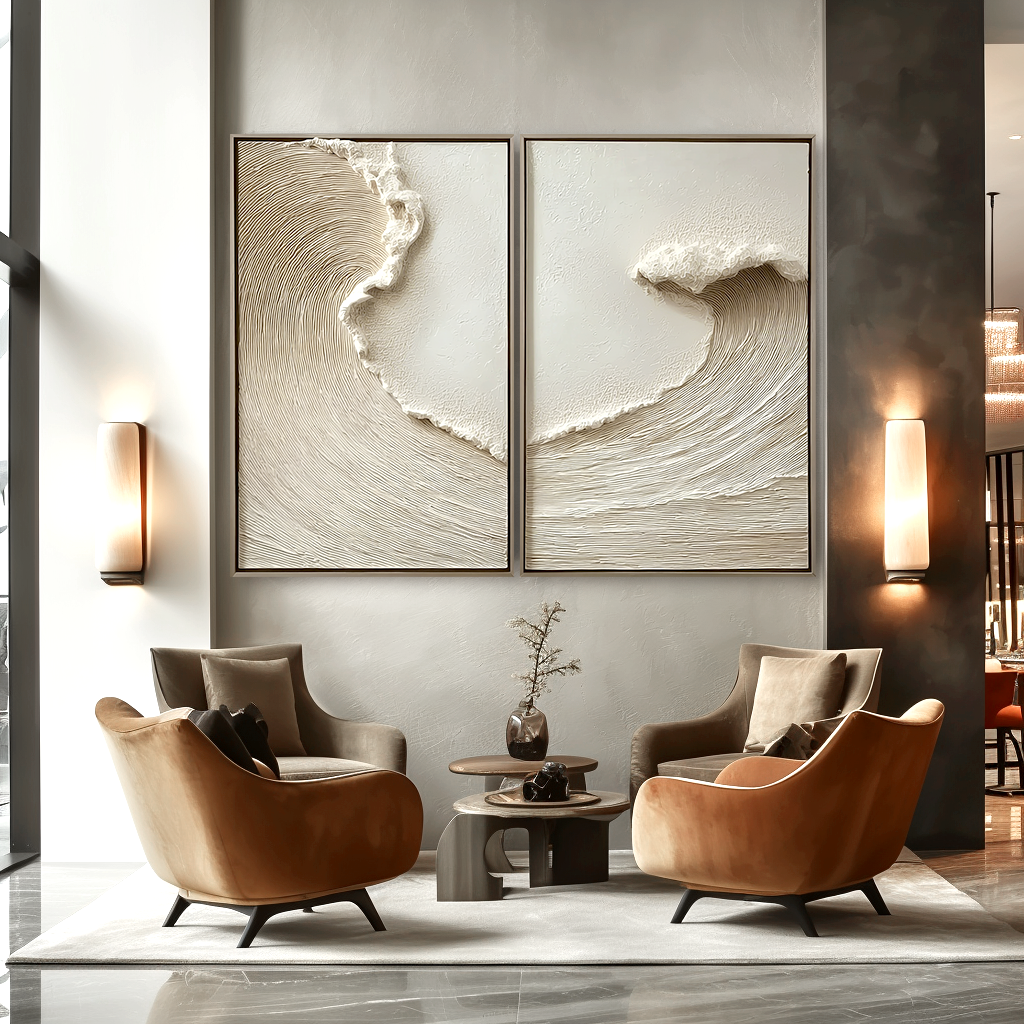 Beige textured ocean wave diptych wall art with minimal coastal design