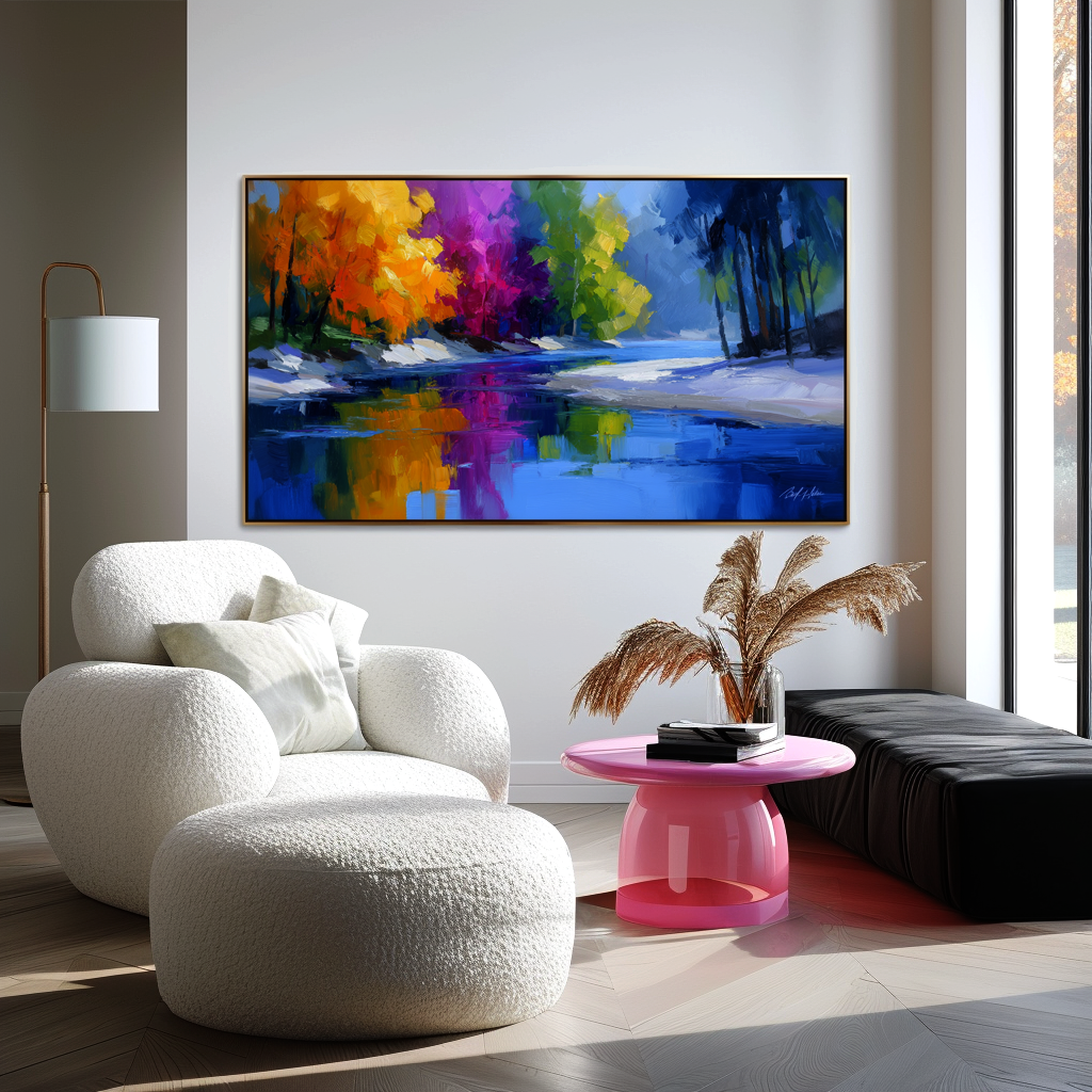 Colorful abstract forest landscape with river reflection, textured oil painting