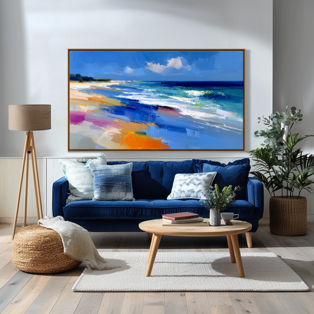 Abstract seascape oil painting with colorful textured brushstrokes and ocean waves