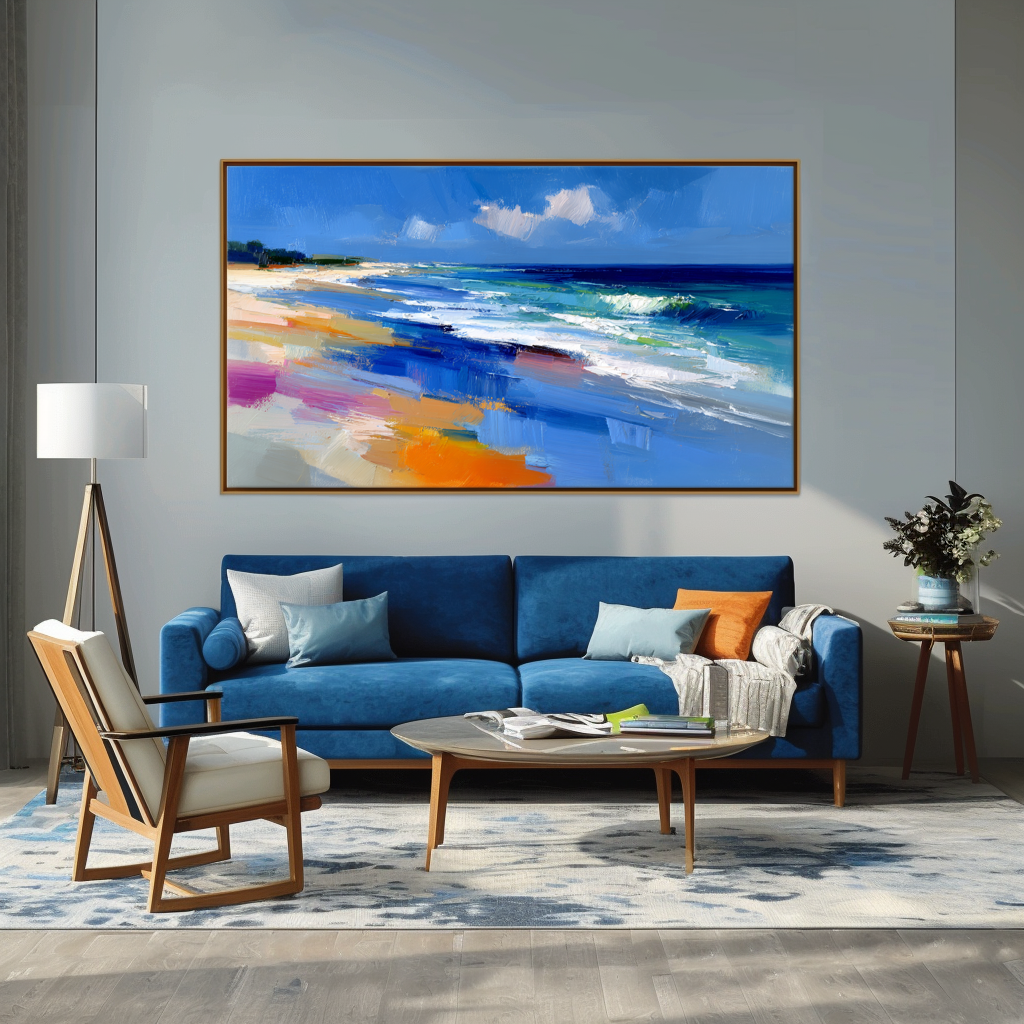 Abstract seascape oil painting with colorful textured brushstrokes and ocean waves