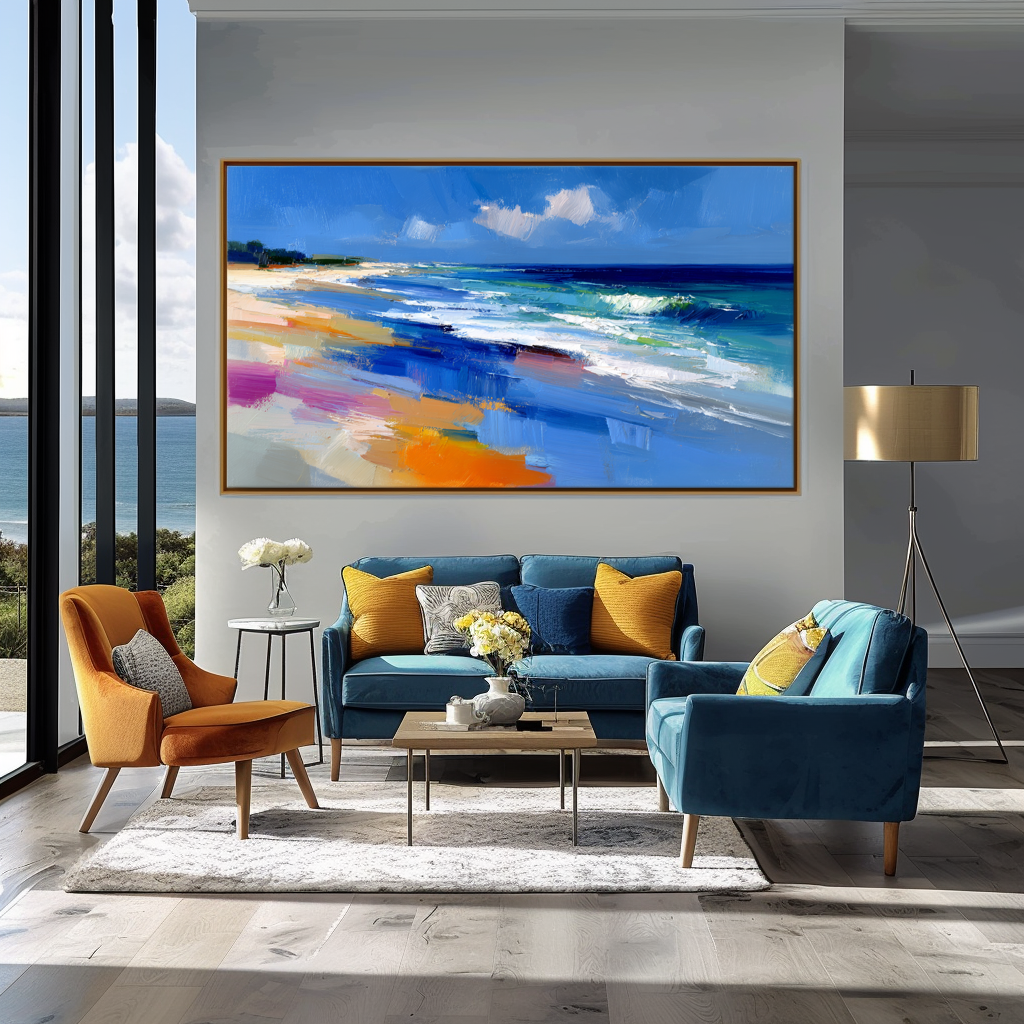 Abstract seascape oil painting with colorful textured brushstrokes and ocean waves