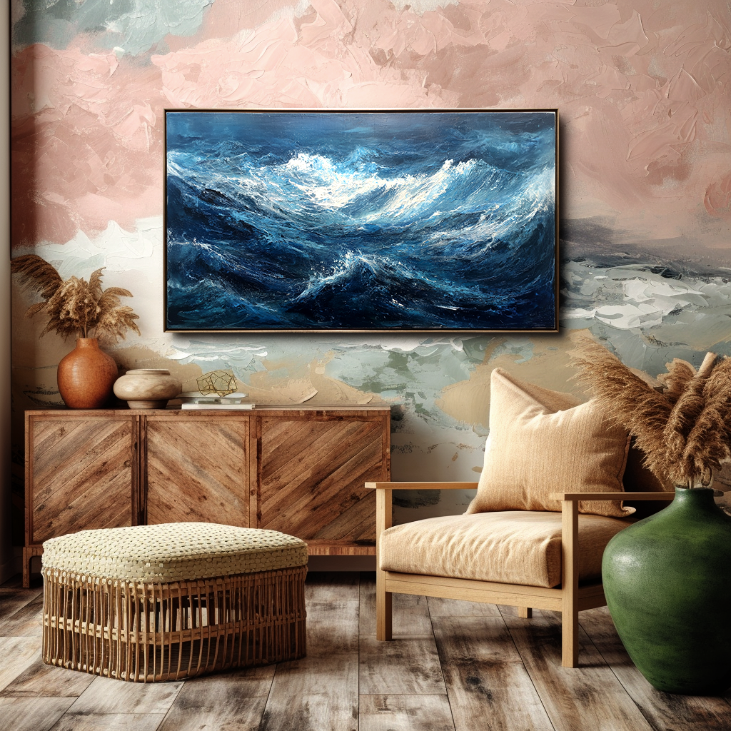 Textured abstract ocean wave painting with deep blue and white tones
