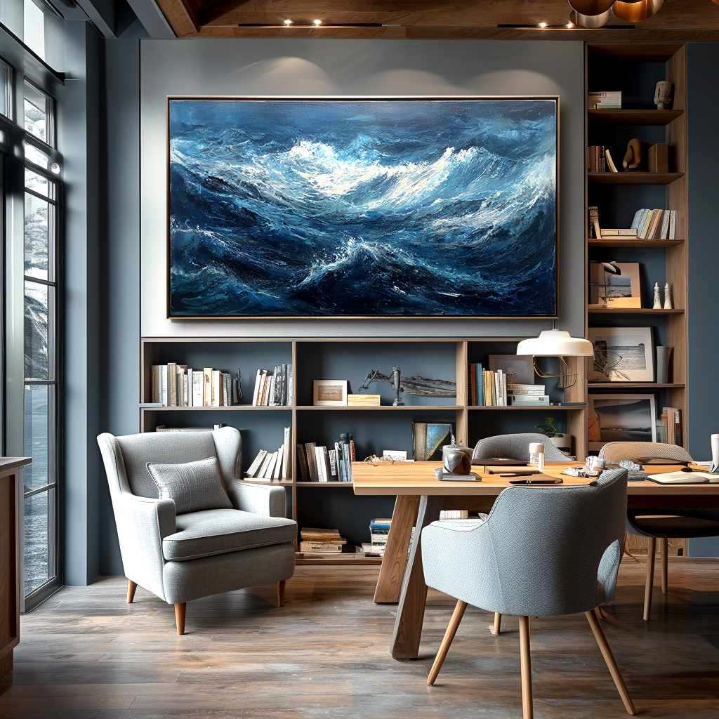 Textured abstract ocean wave painting with deep blue and white tones