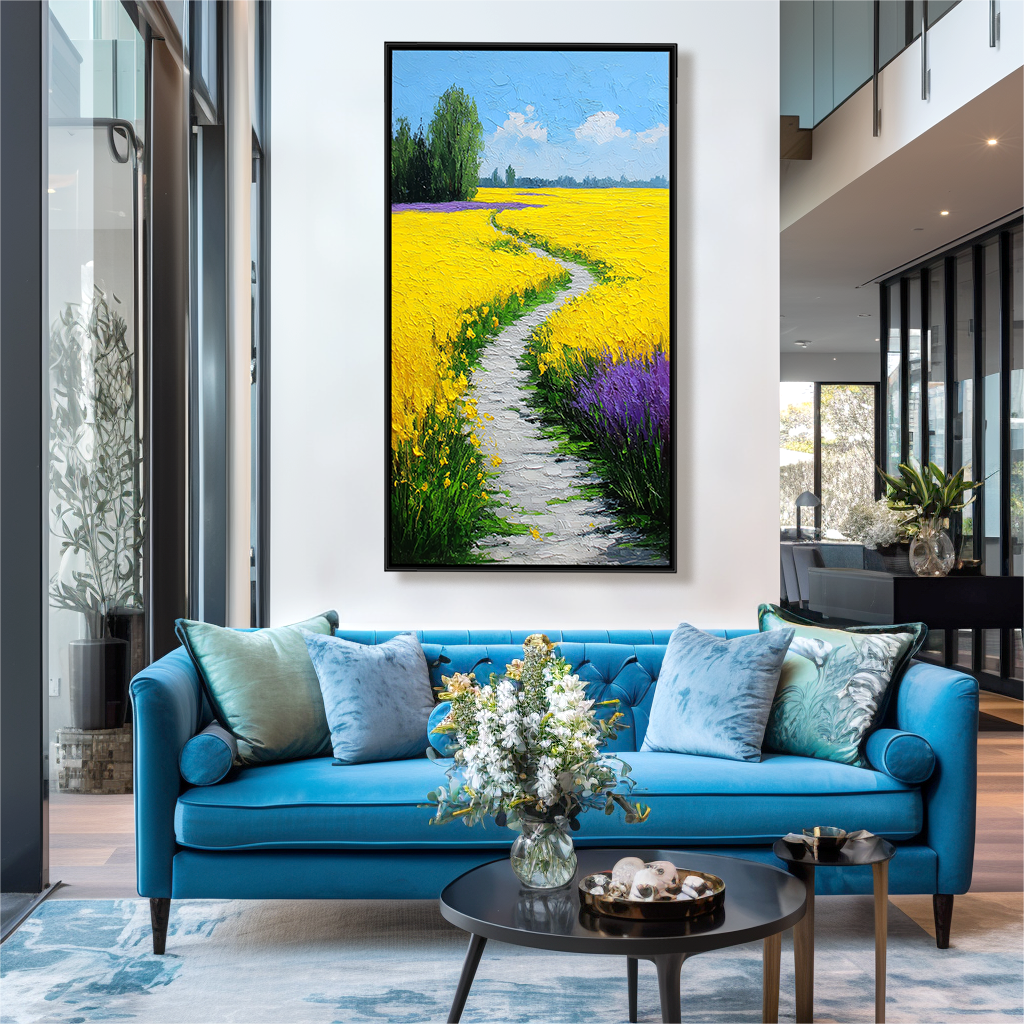 Textured landscape oil painting with yellow flower fields, purple blooms, and a winding path under a blue sky