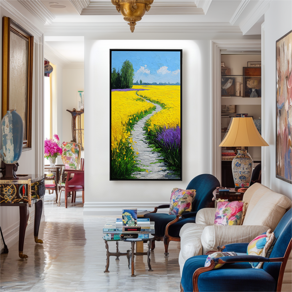 Textured landscape oil painting with yellow flower fields, purple blooms, and a winding path under a blue sky