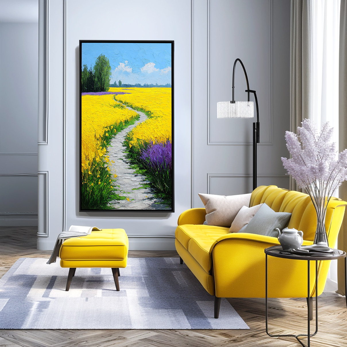 Textured landscape oil painting with yellow flower fields, purple blooms, and a winding path under a blue sky
