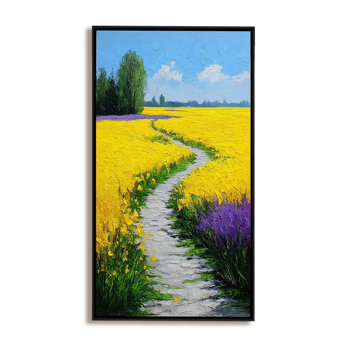 Textured landscape oil painting with yellow flower fields, purple blooms, and a winding path under a blue sky