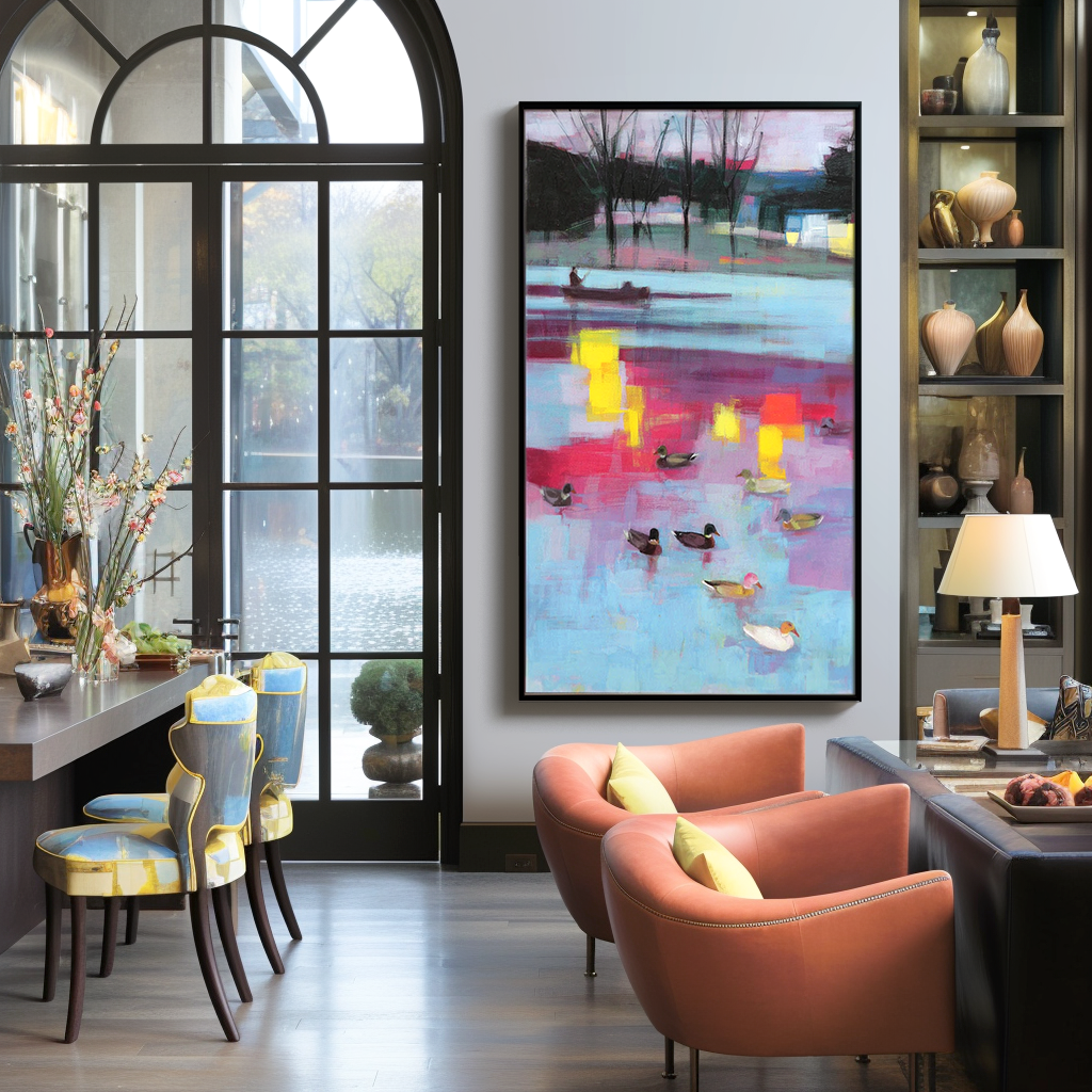 Abstract lake painting with ducks, sunset reflections, and warm pink-blue tones