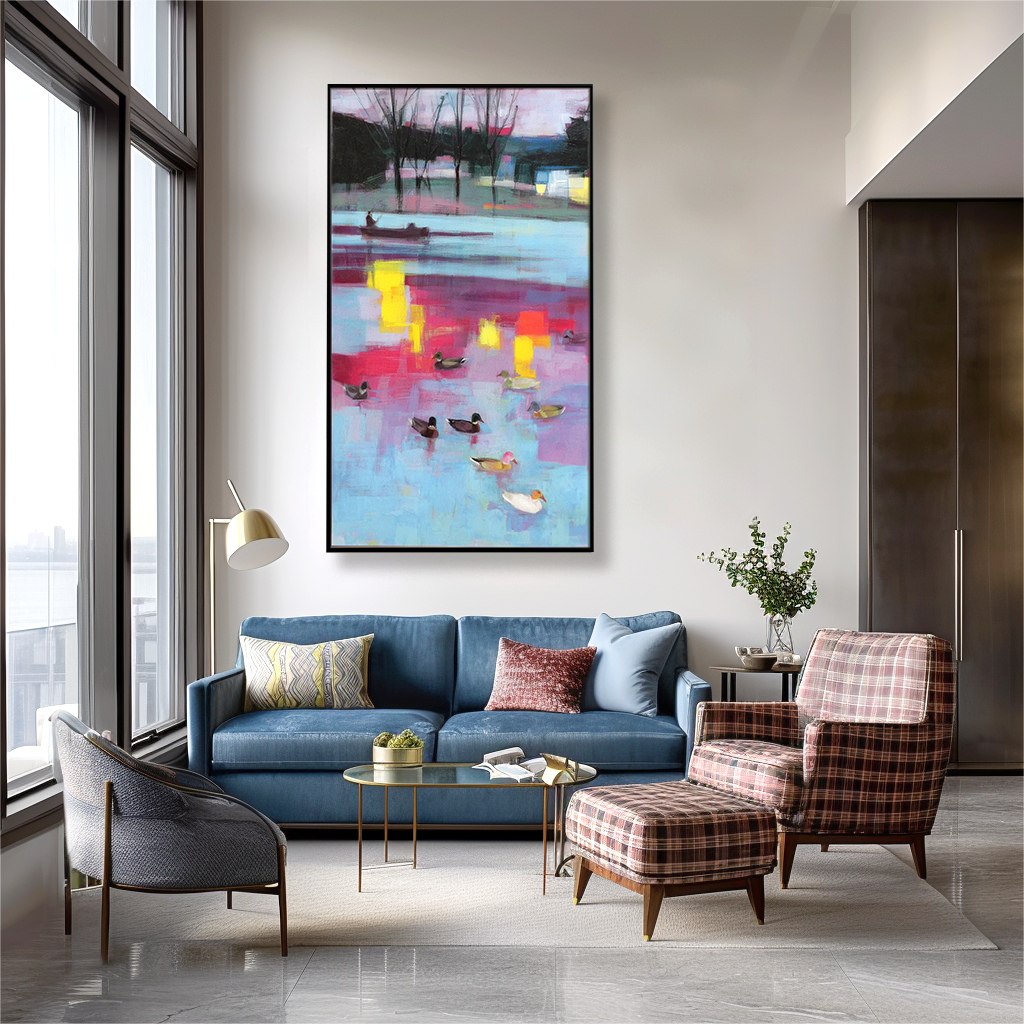 Reflections at Dusk – Abstract Lake Scene with Ducks