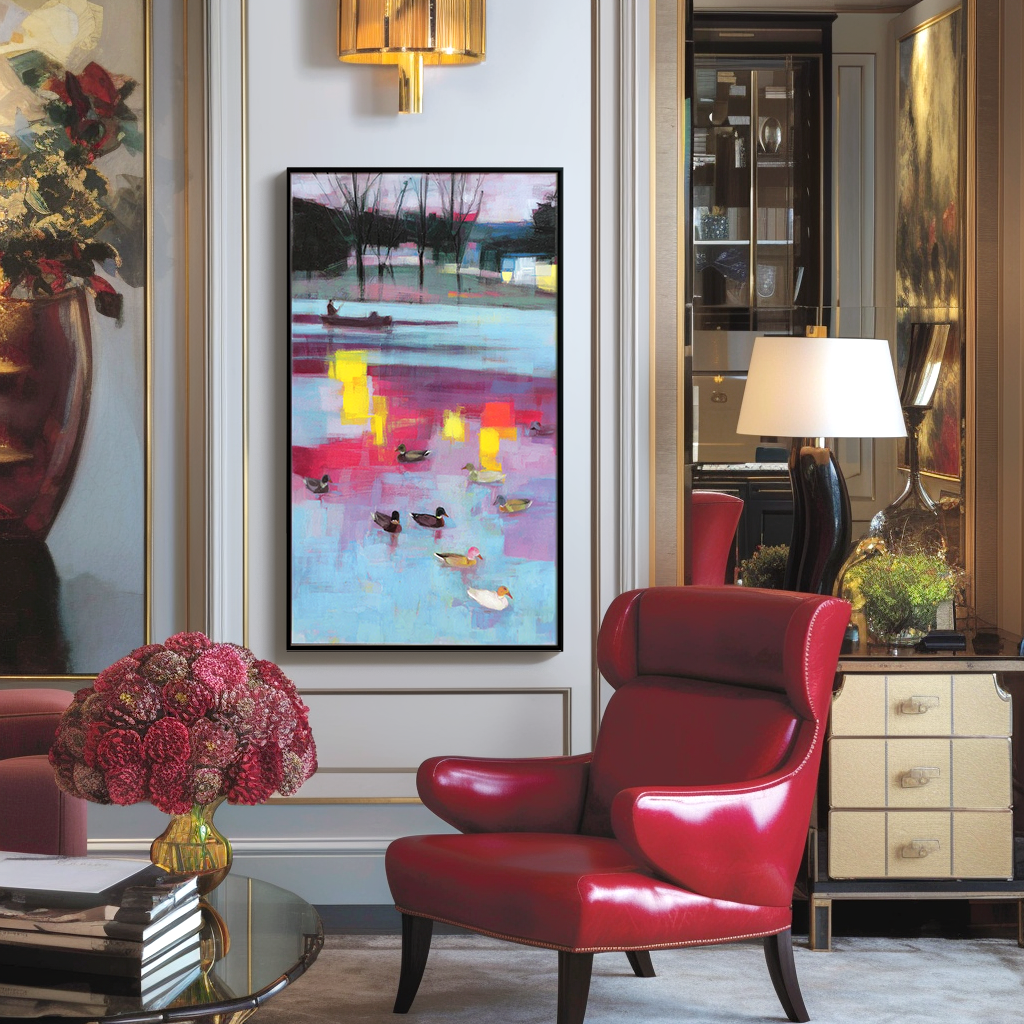 Reflections at Dusk – Abstract Lake Scene with Ducks