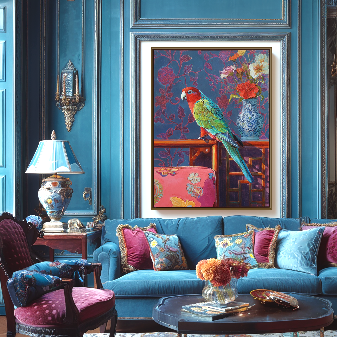 Colorful oil painting of a parrot on a table with flowers in a blue vase and floral-patterned chair against a purple floral background