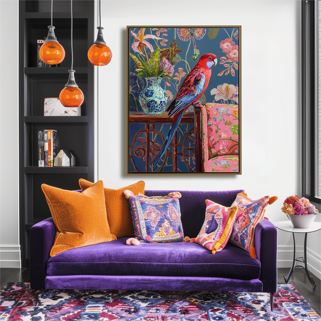 Colorful oil painting of a red and blue parrot on a table with flowers in a blue vase and floral-patterned chair, set against a dark floral background