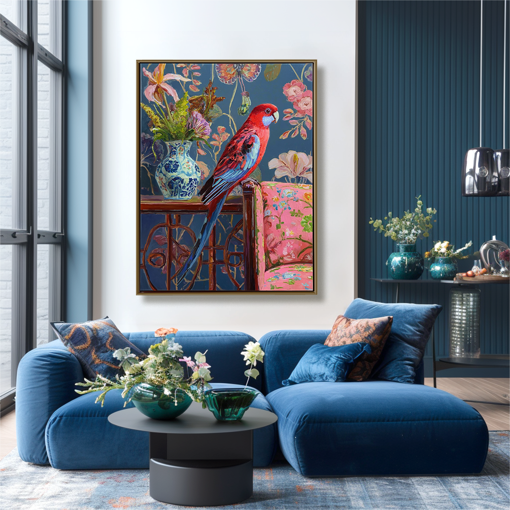 Colorful oil painting of a red and blue parrot on a table with flowers in a blue vase and floral-patterned chair, set against a dark floral background