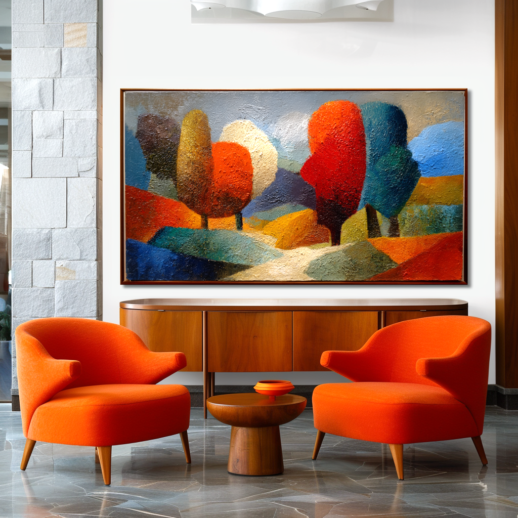 Colorful abstract textured landscape oil painting with trees and rolling hills