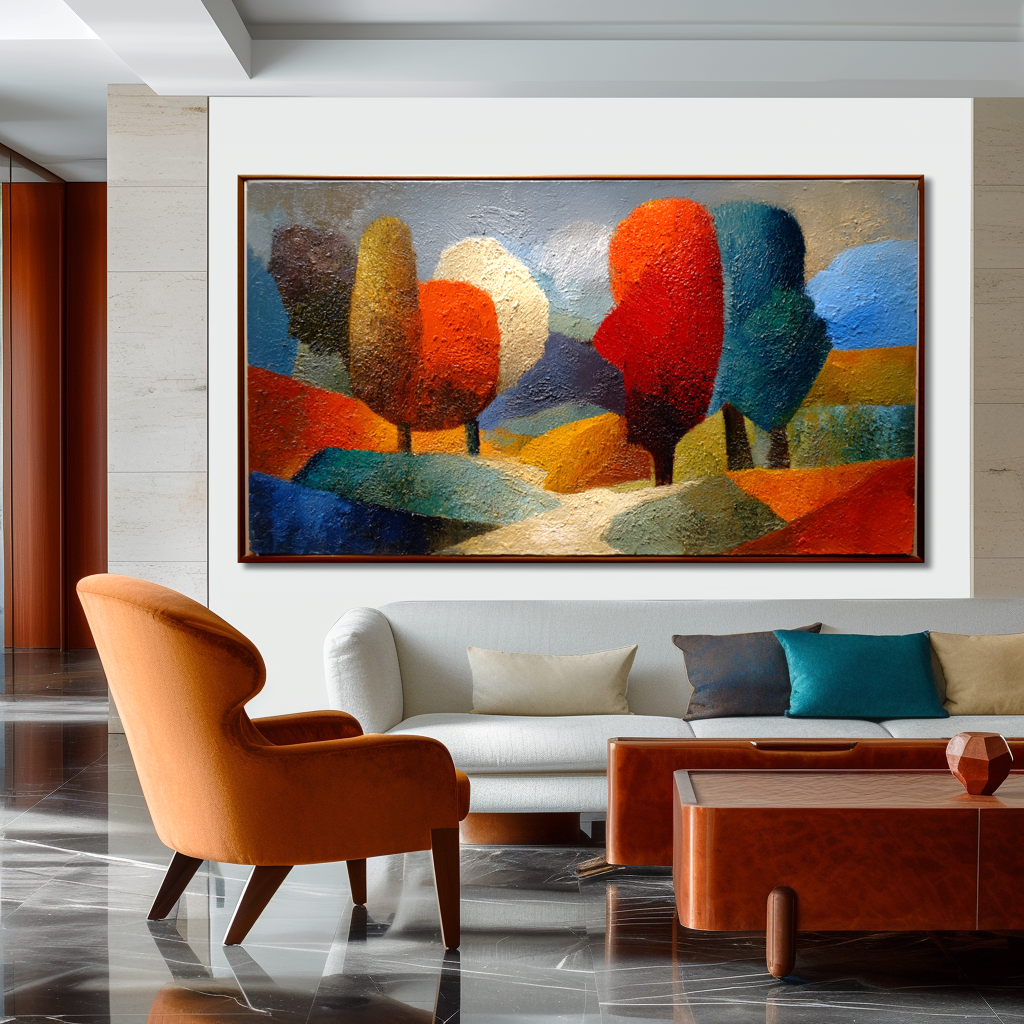 Colorful abstract textured landscape oil painting with trees and rolling hills