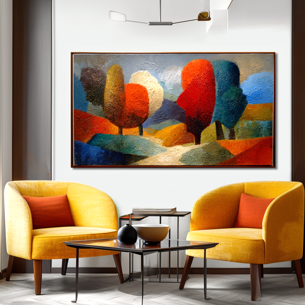 Colorful abstract textured landscape oil painting with trees and rolling hills