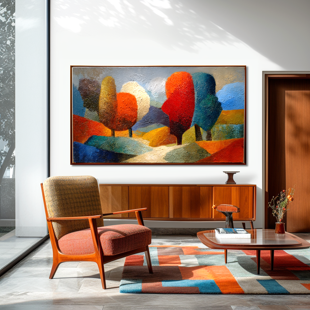 Colorful abstract textured landscape oil painting with trees and rolling hills