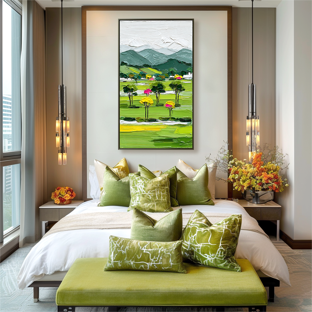 Textured abstract landscape oil painting with green fields, colorful trees, and mountains
