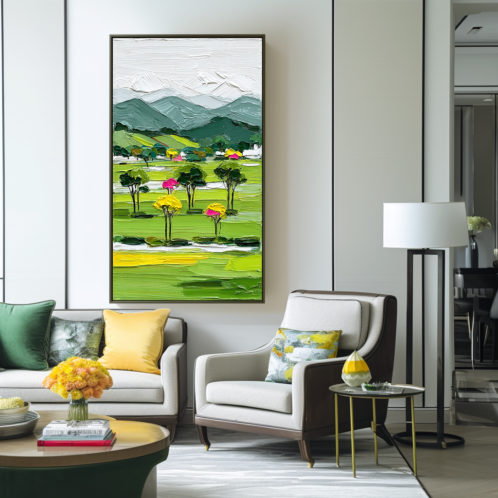 Textured abstract landscape oil painting with green fields, colorful trees, and mountains